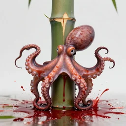 a photo of a bamboo tree cutting the octopus in half as blood spills everywhere