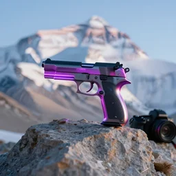 a futuristic neon pistol is sitting on the peak of mount everest, clear focus, bokeh effect, high res, hasselblad, dslr