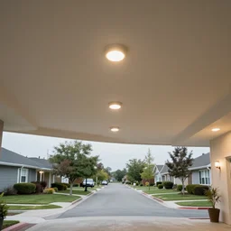 a suburban street with a ceiling, ceiling lights