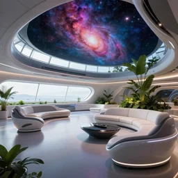 ultra modern concept design of a vast spaceship interior, futuristic chairs and sofas can be seen in the foreground, a large colorful nebula can be seen from a window, large plants in the background, interior design concept, wide angle shot
