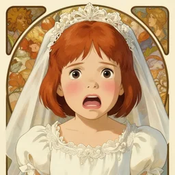 well - lit art nouveau portrait of a 1 3 - year old girl who resembles millie bobby brown with a blushing, embarrassed expression with open mouth, with red hair as a bride, natural lighting, path traced, highly detailed, high quality, cartoon, digital painting, by don bluth and ross tran and studio ghibli and alphonse mucha