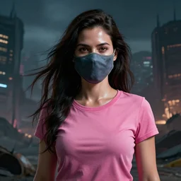 epic portrait cinematic shot an female survivor wearing pink t shirt and a mask on, flowing dark hair, shiny skin, beautiful, apocalyptic city backround, fine details. night setting. realistic shaded lighting poster by craig mullism, artgerm, jeremy lipkin and michael garmash, unreal engine, radiant light, detailed and intricate environment, digital art, trending on art station,