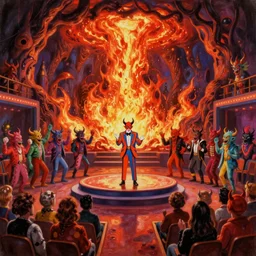 A retro 1980s game show being hosted by Satan wearing a colorful suit at center-stage, in front of a live studio audience of cheering demons and strange creatures in the bleachers, in the middle of a cavernous firey molten landscape of Hell, oil on canvas, painting, cohesive, realistic, trending on Artstation, 4k, wide shot