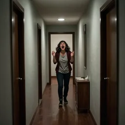 there was a strange wailing sound coming from the next room, hallway, highly detailed, still shot from movie, wide shot