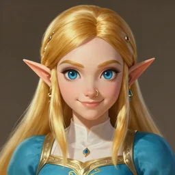 portrait of princess zelda from hyrule, nose ring, upper body, blonde hair, long hair, joyful smirk, intricate, elegant, highly detailed, digital painting, artstation, concept art, matte, sharp focus, illustration, art by artgerm and greg rutkowski and alphonse mucha