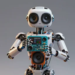 a portrait of a humanoid robot made from electronic musical instruments has large audio speakers for eyes and plays incredibly loud music, powerful, cinematic, beautifully lit, by craig mullins, by galan pang, 3 d, trending on artstation, octane render, 8 k