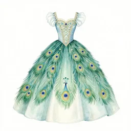 peacock themed princess dress design, watercolor