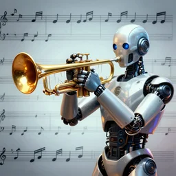 jazz, trumpet, sci fi, music notes, robot, wallpaper, masterpiece, hdr