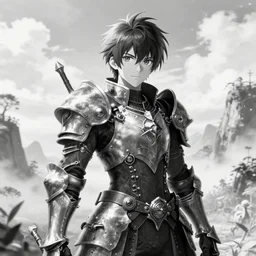 a vertical portrait of a manga character in a scenic environment by nihei tsutomu, black and white, dreamy, steampunk armor, highly detailed, render