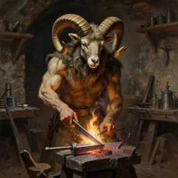ornn, the ram god of the forge, in his underground blacksmith workshop, highly detailed painting by gaston bussiere, craig mullins, j. c. leyendecker 8 k