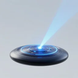 futuristic flying disc, clean aesthetic shooting lazer beam out of center
