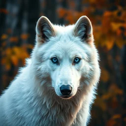 white wolf with blue eyes in the autumn forest, blue eyes, realistic, 8 к