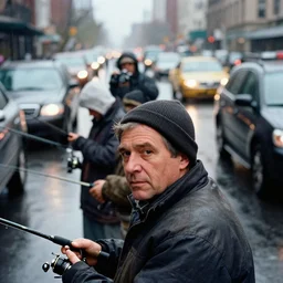 closeup portrait of a group of fishermen trying to fish with fishing rods in between car traffic in rainy new york street, by Annie Leibovitz and David Lazar, natural light, detailed face, CANON Eos C300, ƒ1.8, 35mm, 8K, medium-format print
