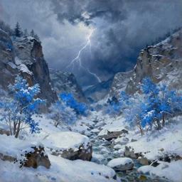 a beautiful oil painting of a rocky valley covered in snow, trees with blue leaves, thunderstorm in the sky, blue lighting, gloomy, atmospheric lighting, detailed, beautiful!! by greg rutkowski, trending on artstation