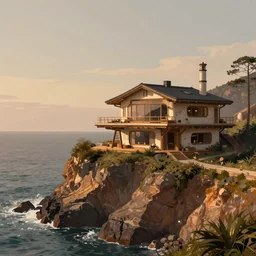 sci fi house on a cliff above the coast, digital painting by Angrymikko, warm lighting, concept art