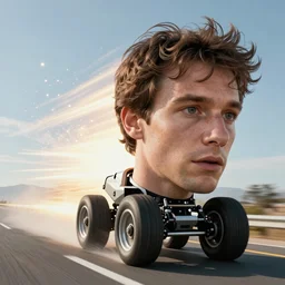 Giant head of david copperfield with four wheels, running fast on a californian highway, rays of light, particles light, kuvshinov ilya