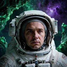 extreme close up astronaut portrait, solemn face, green [ [ [ crystal ] ] ] caves, amethyst, beautiful dynamic lighting, nebula sky, cinematic, wide angle establishing shot, extremely high detail, photo realistic, cinematic lighting, matte painting, interstellar, greg rutkowski, roger deakins
