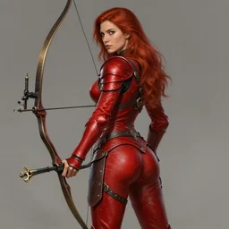 Female archer, dnd, d&d, leggins, red skintight leather armor, red hair, looking from a side, visible face!, beautiful face, toned derriere, high fantasy, realistic!, matte painting, by wlop, by tomasz alen kopera