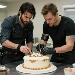 a joji and g-man from half life 2 is making human cake, photorealistic, 4K, HD, 24K