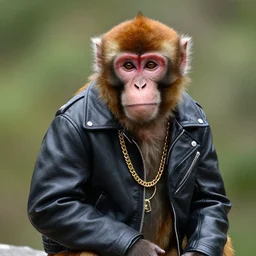 monkey wearing leather jacket and gold chain