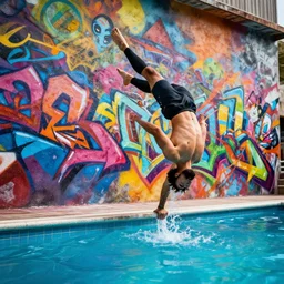 backflip into a pool caustics lighting impressive colorful masterpiece graffiti hyper perspective textured detailed intricate sharp focus 8 k
