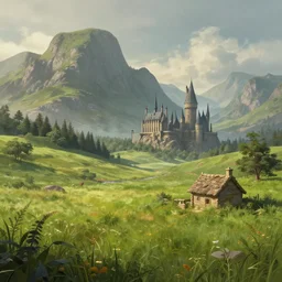 Grassy fields with large mountains and Hogwarts castle in the distance, small cottage in the foreground, landscape wallpaper, d&d art, fantasy, painted, 4k, high detail, sharp focus