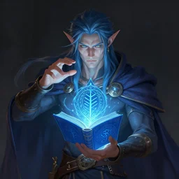 character concept portrait of Corbin bleu as a elf wizard enchanting a rune of power, a floating blue spell book in the center, intricate, elegant, digital painting, concept art, smooth, sharp focus, illustration, from Metal Gear, by Ruan Jia and Mandy Jurgens and William-Adolphe Bouguereau, Artgerm