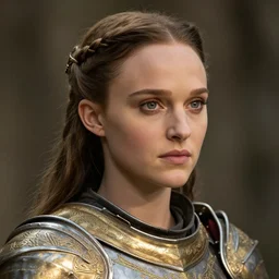 head and shoulders portrait of a female knight, young natalie portman, golden etched armor, lord of the rings, celtic hair braid with flowers, eldritch ruby amulet, by artgerm, alphonse mucha, face detail, etched breastplate, sharp focus, high key lighting, vogue fashion photo