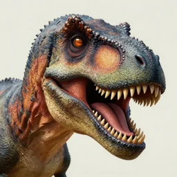 a detailed digital art painting of a trex dinosaur smiling teeth way too many eyes large detailed eye