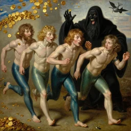 The portrait of three merman running away with gold from Grim Reaper who laughs and follow them, by Hieronymus Bosch and Pieter Bruegel inspired by Terry Pratchett, super detailed oil painting, hyper realistic faces, 4k, masterpiece