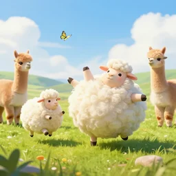 fluffy sheeps dancing with alpacas on a sunny field, butterflies flying, digital art, trending on artstation