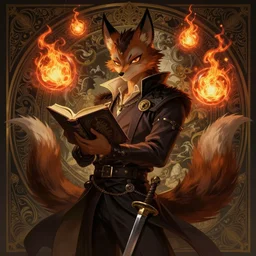 male kitsune furry with dark fur, carries a tome, surrounded by floating fire orbs, shortsword, charismatic, young, dark clothing, elegant, digital illustration, detailed, intricate, sharp focus, digital painting, deep focus, digital painting, artstation, concept art, matte, art by artgerm and greg rutkowski and alphonse mucha