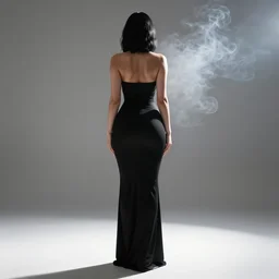 woman with black hair and black dress, full body, curvy, backlit smoke, hard light, cinematic lighting, high detail, made by artgerm, trending on artstation, sharp focus, smooth