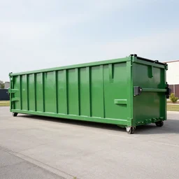 gigantic 3 0 foot long rectangular green contractor dumpster side view, wide shot