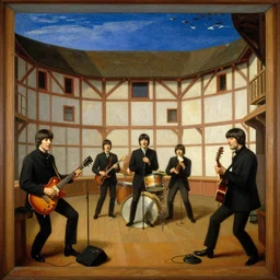 The Beatles playing in the Globe Theatre, Renaissance art oil painting,