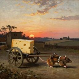 mouse pulling a cart with a large piece of cheese on it in the middle of the countryside at sunset, detailed oil painted by vermeer