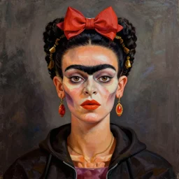 a surrealistic head and shoulder painting of a gorgeous female skeleton with cat eyeballs and lipstick and hoodie, in the style of frida kahlo, digital art, detailed masterpiece