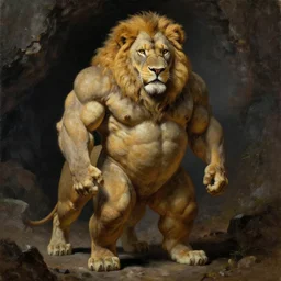 oversized muscular lion as special ops human legs full body portrait pose , very textured detailed oil painting by rembrandt , hard backlight , in dark cave