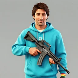 highly detailed portrait justin trudeau in ( ( cyan hoody rainbow socks ) ) holding ar - 1 5! in gta v stephen bliss unreal engine fantasy art by greg rutkowski loish rhads ferdinand knab makoto shinkai lois van baarle ilya kuvshinov rossdraws tom bagshaw global illumination radiant light detailed intricate environment