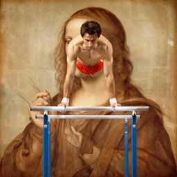 college men on parallel bars, in style of leonardo da vinci