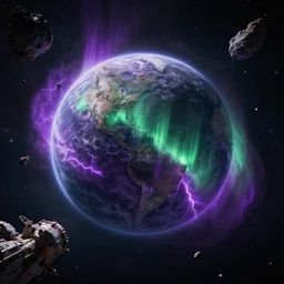 2 0 2 0 sfx masterpiece. octane render. cgsociety. trending on artstation. golden mean. view of the planet down below. space station pov. screenshot from the new sci - fi metroid film directed by denis villeneuve 4 k. cinema. close orbital of a new alien world nested within an asteroid belt nebula. purple and green lightning aurora upon it's surface.