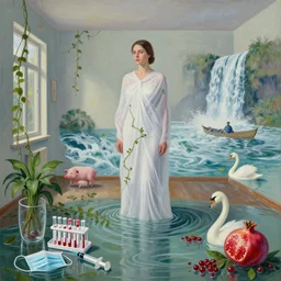 a tall female pathology student wrapped in chiffon in empty apartment, vines, a river flooding inside, medical supplies, medical mask, syringes, pathology sample test tubes, pigs, plants in a glass vase, water, river, rapids, waterfall, canoe, pomegranate, berries dripping, swans, acrylic on canvas, surrealist, by magritte and monet