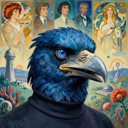 realistic detailed portrait movie still of a birdman wearing turtleneck, sci fi landscape background by denis villeneuve, amano, yves tanguy, alphonse mucha, ernst haeckel, max ernst, roger dean, masterpiece, rich moody colours, blue eyes, snarling dog teeth
