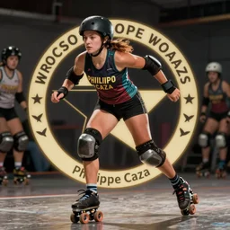 roller derby girl sprinting Cross-Over, full length portait, logo design by Philippe Caza