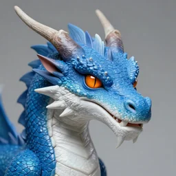 highly detailed portrait of a blue dragon with a white lower jaw and orange eyes