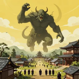 cthulhu monster about to landing on an ancient japanese village, yellow clouds in the sky, samurai army standing in the castle, ultrawide shot, overlook, art by greg rutkowski, concept art, 4 k, ink painting