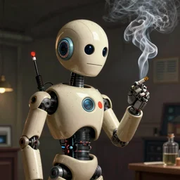 a robot smoking a cigarette made of humans instead of tobacco, illustration, futurama style,