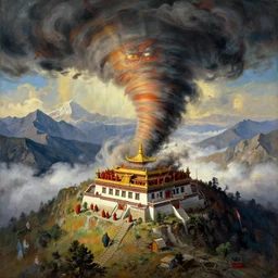 bird's eye view from a mountain top, a tornado votrex sucking monks out of a temple high in the himalayan mountains, buddhist, gigantic demon, chaos, detailed, vivid colors, god rays, masterpiece painting, octane render, volumetric lighting, cinematic, by gustave dore, by michelangelo, by beksinski, by peter mohrbacher