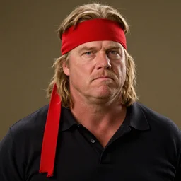 Ron Swanson as Rambo, wearing red sweatband, high quality movie