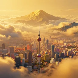 symmetrical post - minimalism landscape of a magical city bird's eye view, golden clouds, mountain range, vibrant color scheme, highly detailed, in the style of romanticism, cinematic, artstation, moebius, greg rutkowski